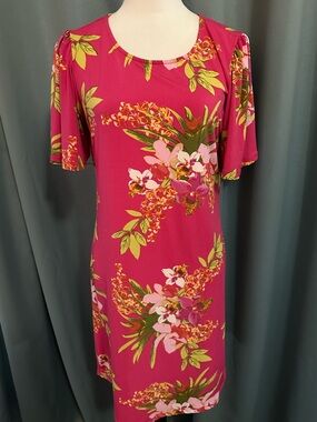 Alexandra + Oak Pink Floral Shift Dress Womens Small Flutter Sleeve Tropical Str